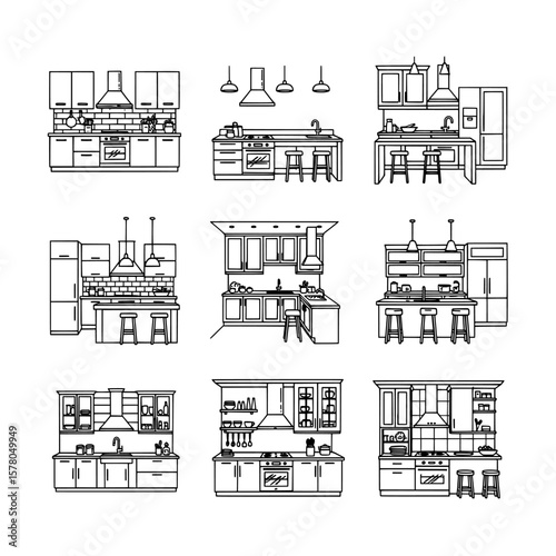 Set of kitchen interior outlines with cabinets countertops and appliances