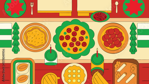 Festive illustration of a colorful and appetizing feast for a celebration or dinner party