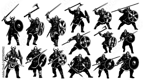 Collection of viking warriors vector illustrations in various poses and stances, armed with swords, axes, and shields