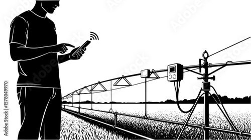 Smart farming shown with a farmer using a mobile device to control a greenhouse irrigation system enhancing crop cultivation and yields.