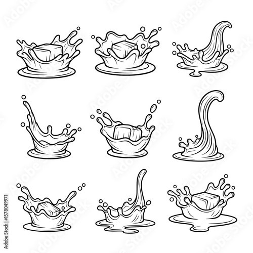Collection of ice cubes splashing into water in various positions