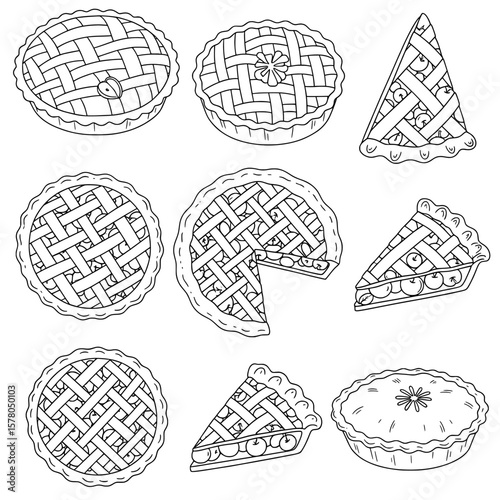 Set of nine pie and tart baking items in outline style