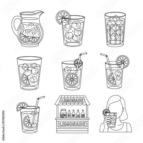 Set of lemonades with ice and sliced lemon in various glasses and a lemonade stand