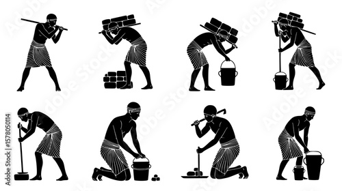 Ancient egyptian workers engaged in various construction and agricultural tasks, carrying heavy loads and using tools