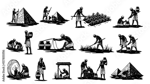 Ancient egyptian workers engaged in various tasks like farming, building pyramids, and carrying water