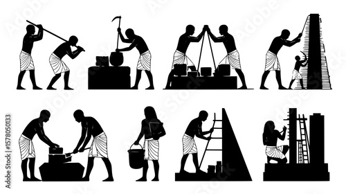 Silhouettes of ancient egyptian laborers constructing buildings and pyramids with heavy loads
