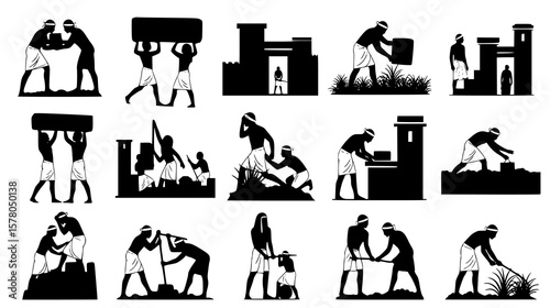 Ancient egyptian laborers are depicted in various construction and farming activities, building structures