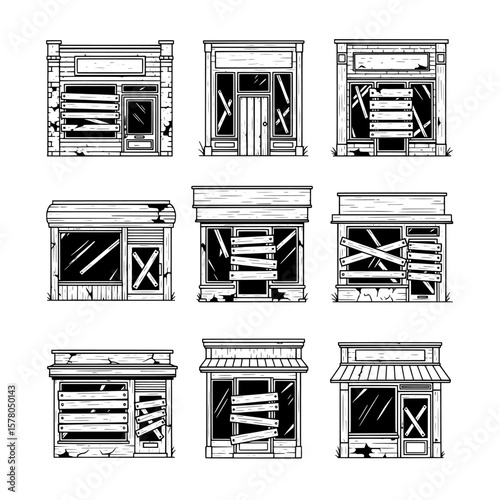 Set of nine abandoned storefronts with boarded windows and doors