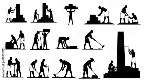 Ancient egyptian laborers are depicted in various construction activities, building structures and pyramids
