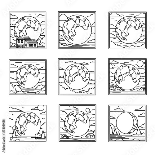 Set of nine line art square icons with earth and nature scenes