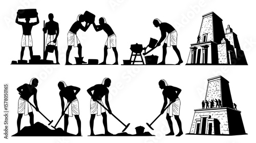 Ancient egyptian workers engaged in various construction tasks, building a monument
