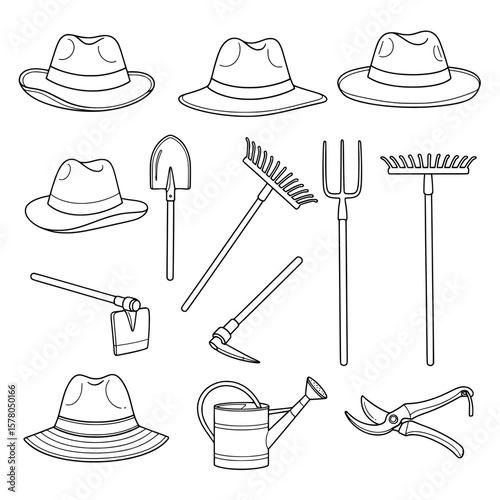 Gardening tools and hats collection for outdoor work