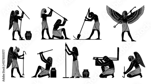 Ancient egyptian deities and figures depicted in various poses and activities
