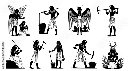 Ancient egyptian gods and figures engaged in religious and agricultural activities