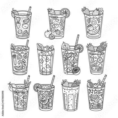 Set of strawberry, lemon, and mixed fruit drinks in glasses