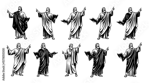 Multiple depictions of jesus christ with open arms and pointing fingers, isolated on a white background