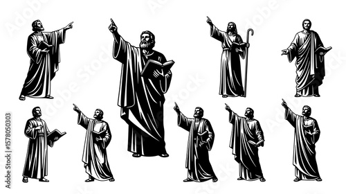 A collection of religious figures, possibly prophets or apostles, pointing upwards and holding books, isolated