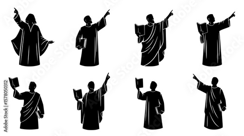 Silhouettes of men in robes holding books and pointing, isolated on white background