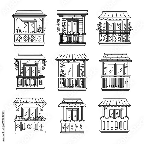Set of decorative balcony railings with detailed wood and metal patterns