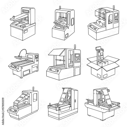 Set of scientific laboratory equipment line art drawings