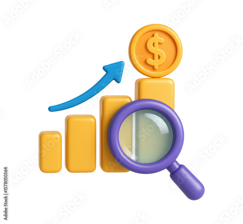 3D Financial Growth Analysis Icon with Magnifying Glass, Upward Arrow, Bar Graph, and Dollar Coin, Isolated on Transparent and White Background