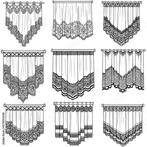 Nine detailed lace curtain patterns with floral and geometric designs
