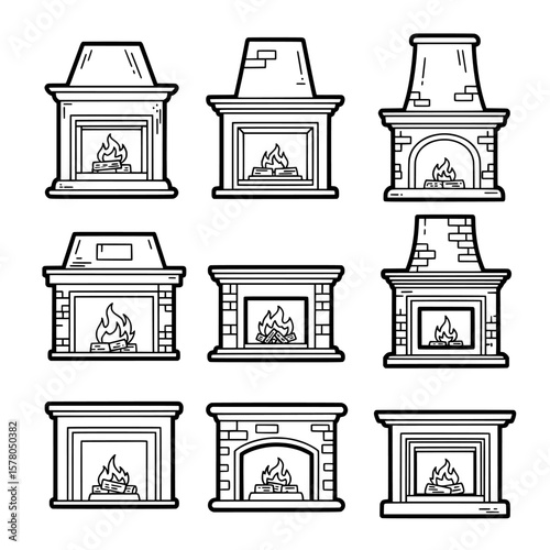 Set of nine fireplace outlines in various styles