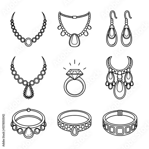 Set of jewelry necklaces earrings and rings in line art style