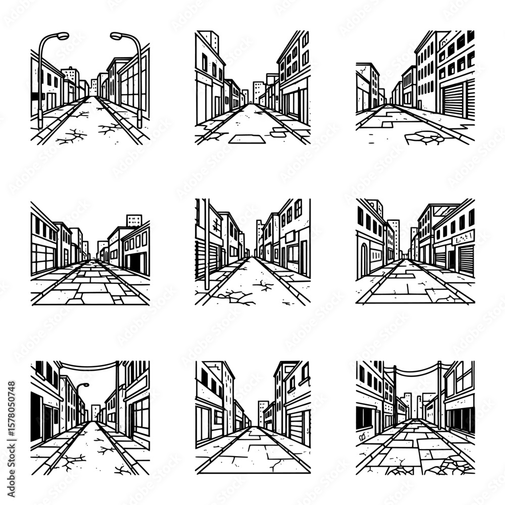 Fototapeta premium Set of city street scene sketches for urban environment projects
