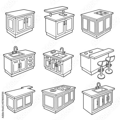 Set of kitchen furniture and appliances in outline style