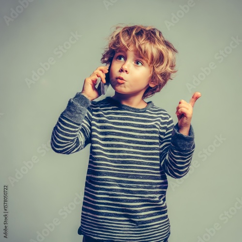 boy pretending to talk on phone with hand gesture fun and imaginative sharp detail neutral background