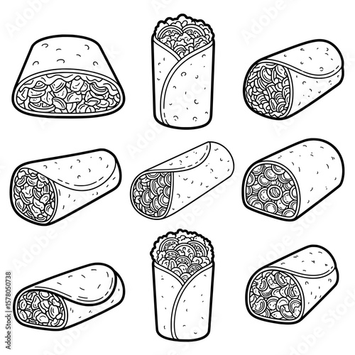 Set of various rolled and sliced vegetable wraps or burritos
