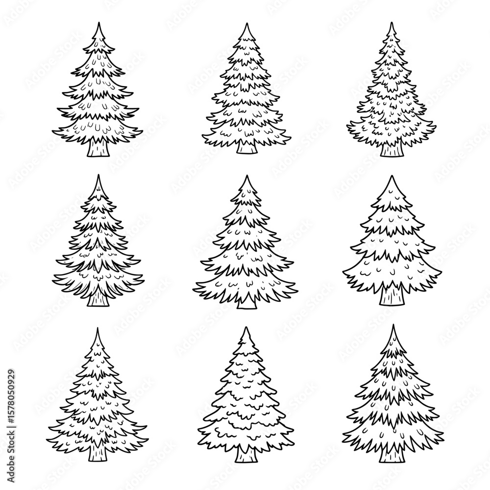 Obraz premium Set of nine stylized pine trees with different branch details for outdoor backgrounds