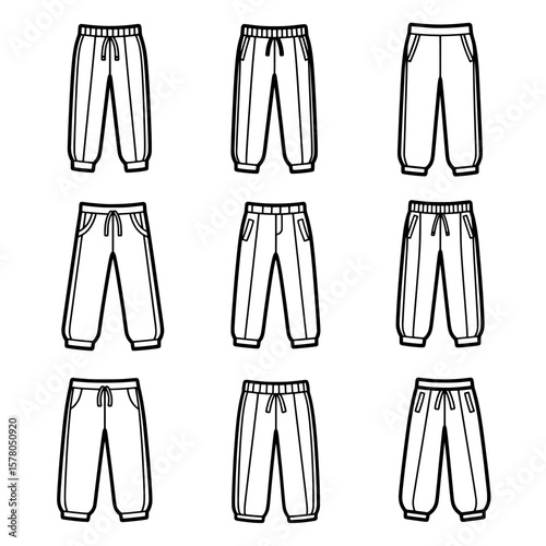 Set of jogging pants in various styles and fits for casual wear