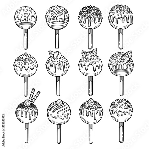 Set of decorated cake pops with sprinkles and fruit toppings