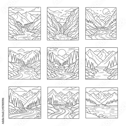 Set of mountain and river landscape scenes in line art style