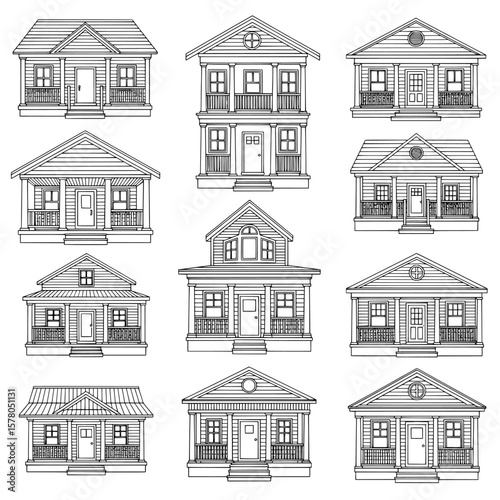 Set of line drawings of different house styles and facades