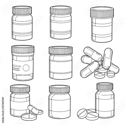 Set of pill bottles and capsules for healthcare and medicine