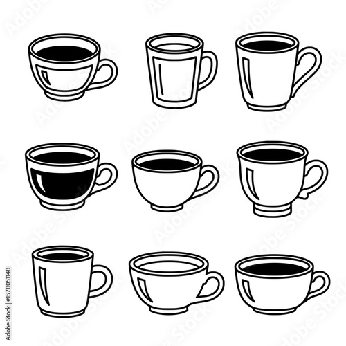 Set of nine different coffee mugs and cups with outlines