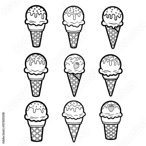 Set of nine ice cream cone outlines with different toppings