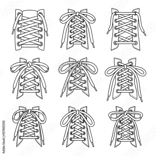 Various shoelace bow styles on sneakers for fashion and footwear design