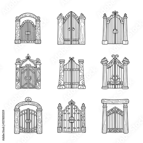 Set of ornate gate designs with decorative ironwork and columns