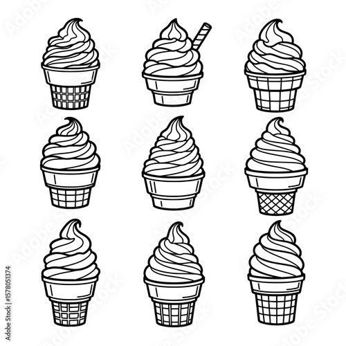 Ice cream cones with swirled soft serve in different styles for desserts and treats