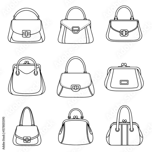 Set of handbag outline icons with various shapes and styles