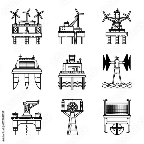 Offshore oil rig structures with wind turbines and machinery