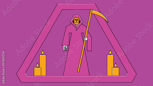 Illustration of the grim reaper with a scythe inside a pink and purple hexagon