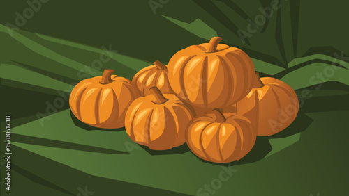 Illustrative depiction of harvested pumpkins displayed on a green field background