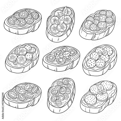 Set of veggie bruschetta with toppings on bread slices
