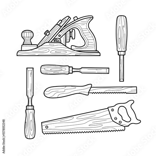 Set of woodworking tools including planes screwdrivers and saws