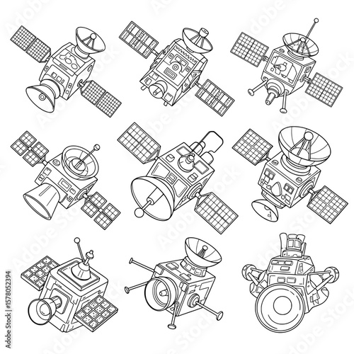 Set of satellite spacecraft with solar panels and antennas